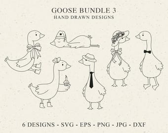 May include: A collection of six hand-drawn goose designs in black and white. The geese are depicted in various poses, wearing accessories like hats, bow ties, and ribbons. Text at the top reads "GOOSE BUNDLE 3 HAND DRAWN DESIGNS". The bottom text says "6 DESIGNS - SVG - EPS - PNG - JPG - DXF".
