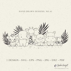 Op de afbeelding: Zwart-wit illustratie van zeven cartoon safari dieren, waaronder een giraffe, een olifant, een neushoorn en een aap, met palmbladeren. De tekst "HAND DRAWN DESIGNS, NO AI" staat bovenaan. Daaronder staan bestandsformaatopties.
