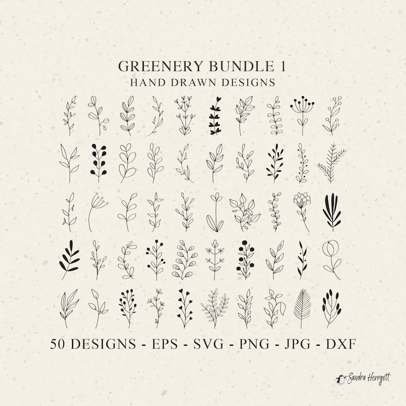 May include: A set of 50 hand-drawn greenery designs in black and white. The designs are simple and elegant, and they would be perfect for adding a touch of nature to any project. The designs are available in EPS, SVG, PNG, JPG, and DXF formats.