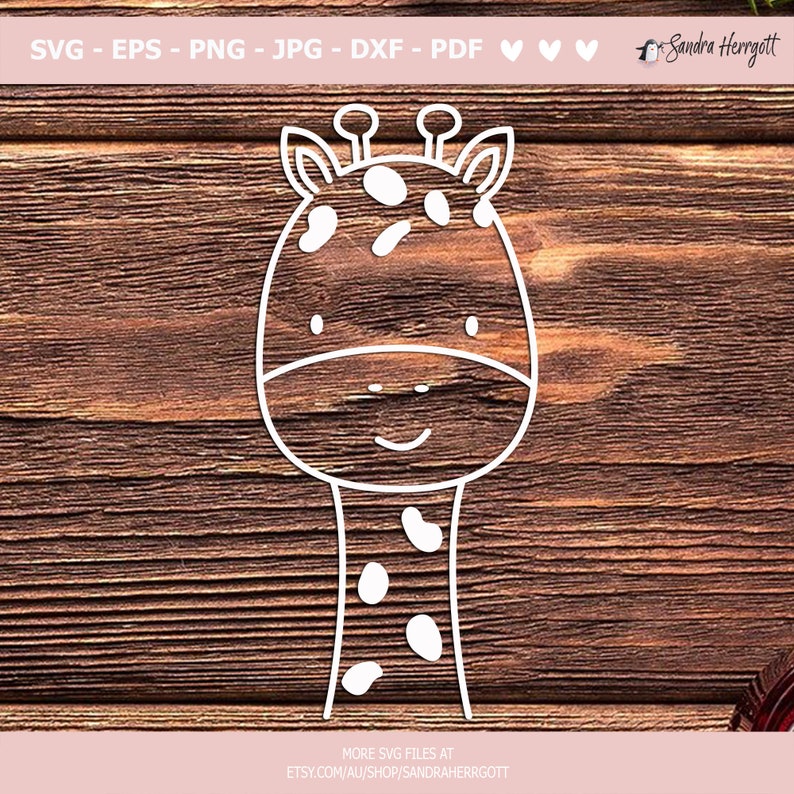 May include: A white outline drawing of a giraffe with a spotted pattern on a brown wooden background. The giraffe has a simple, smiling face.