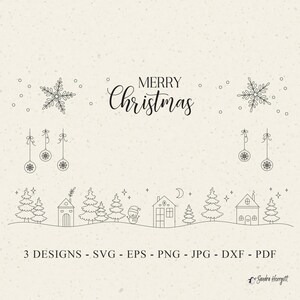 Pode incluir: Um design digital com a mensagem "Merry Christmas" em escrita cursiva, adornado com flocos de neve, enfeites e uma ilustração de uma vila de inverno. O design inclui o texto "3 DESIGNS - SVG - EPS - PNG - JPG - DXF - PDF".