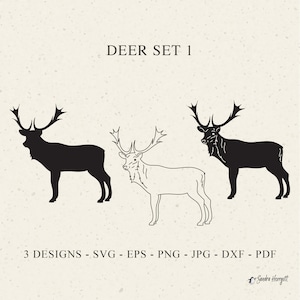 Könnte beinhalten: Ein digitales Grafikset mit dem Titel DEER SET 1, das drei Hirschillustrationen zeigt. Zwei sind massive schwarze Silhouetten und eine ist eine schwarze Umrisszeichnung. Der Text 3 DESIGNS - SVG - EPS - PNG - JPG - DXF - PDF steht unten.