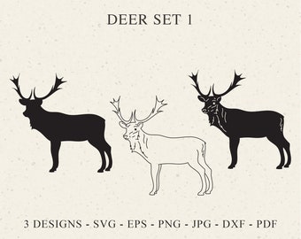 May include: A digital graphic set titled DEER SET 1 featuring three deer illustrations. Two are solid black silhouettes and one is a black outline drawing. The text 3 DESIGNS - SVG - EPS - PNG - JPG - DXF - PDF is displayed at the bottom.