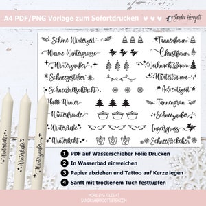 May include: A white sheet with various winter-themed designs and text, including snowflakes, trees, and phrases like "Winterzeit" and "Winterliebe." Three cream-colored candles are on the left, each with text. Instructions are at the bottom.