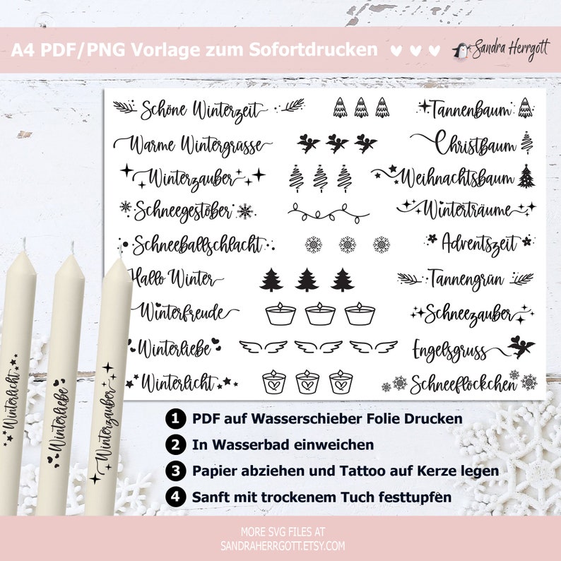 May include: A white sheet with various winter-themed designs and text, including snowflakes, trees, and phrases like "Winterzeit" and "Winterliebe." Three cream-colored candles are on the left, each with text. Instructions are at the bottom.