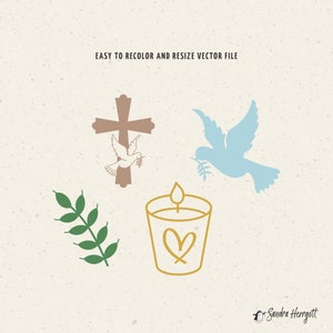 Peut inclure: Illustration num&eacute;rique d'une croix, d'une colombe avec une branche d'olivier, d'une bougie avec un c&oelig;ur et d'une branche d'olivier verte. L'image est sur un fond beige avec le texte "EASY TO RECOLOR AND RESIZE VECTOR FILE".