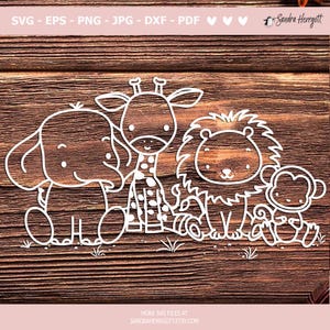 May include: A digital cut file featuring a white outline of an elephant, giraffe, lion, and monkey. The animals are all facing forward and have simple, cartoon-like features. The file is suitable for use with a cutting machine to create crafts, decorations, or other projects.