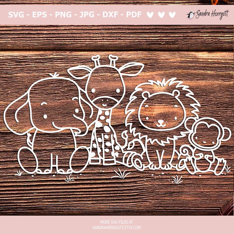 May include: A digital cut file featuring a white outline of an elephant, giraffe, lion, and monkey. The animals are all facing forward and have simple, cartoon-like features. The file is suitable for use with a cutting machine to create crafts, decorations, or other projects.