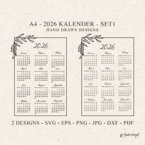 2026 Kalender Plotterdatei svg Dxf Png Jpg Eps Pdf Botanische Cricut Blatt Rahmen Clipart Silhouette Vinyl Laser Cut Datei Monate Monogramm