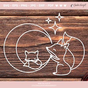 May include: Line art illustration of two foxes curled up together under a crescent moon with stars. The foxes are outlined in white against a woodgrain background.