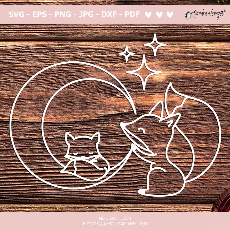 May include: Line art illustration of two foxes curled up together under a crescent moon with stars. The foxes are outlined in white against a woodgrain background.