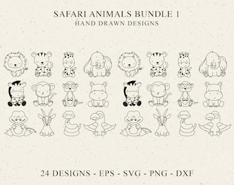 Jungle Animal Plotter File SVG DXF Png Eps Safari Set Cute Lion Hippo Cricut Tiger Silhouette Elephant Outline Giraffe Stencil Zebra Clipart