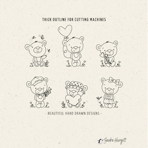 May include: Six black and white line drawings of teddy bears with different accessories. The bears are holding hearts, flowers, and balloons. The text "THICK OUTLINE FOR CUTTING MACHINES" and "BEAUTIFUL HAND DRAWN DESIGNS" are at the top and bottom of the image.