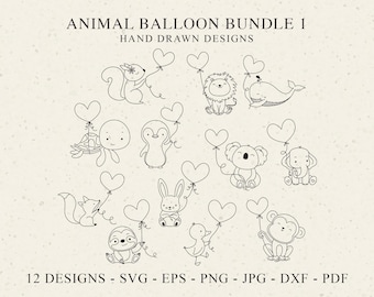 Cute Animal Heart Balloon Plotter File Svg Dxf Png Baby Bunny Cricut Lion Silhouette Fox Clipart Wale Turtle Penguin Koala Sloth Duck Monkey