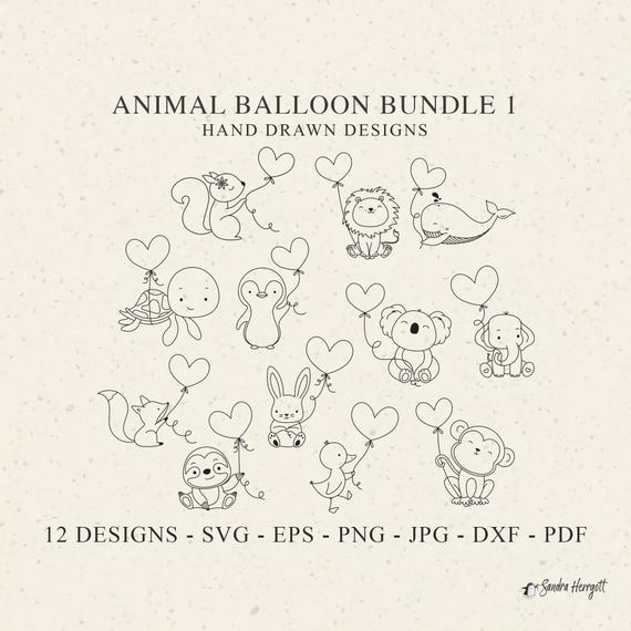 Cute Animal Heart Balloon Plotter File Svg Dxf Png Baby Bunny Cricut Lion Silhouette Fox Clipart Wale Turtle Penguin Koala Sloth Duck Monkey