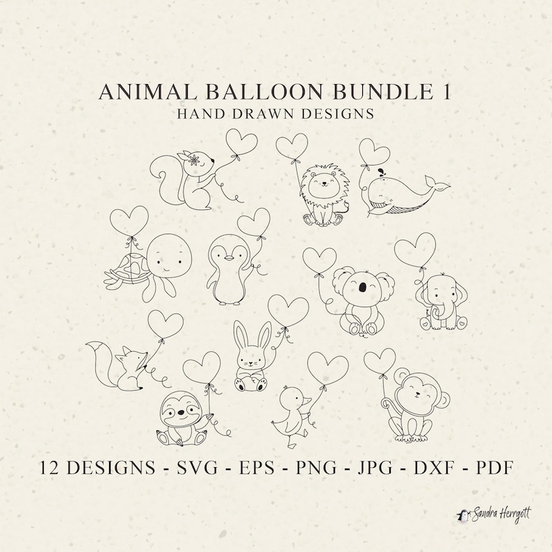 Arquivo para plotter de animais fofos: balão de coração, SVG, DXF, PNG, coelhinho bebê, Cricut, silhueta de leão, raposa, baleia, tartaruga, pinguim, coala, preguiça, pato, macaco imagem 1