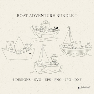 Może przedstawiać: Czarno-białe ilustracje zwierząt w łodziach. Obraz zawiera niedźwiedzia, lisa, jelenia, królika i jeża. Tekst brzmi "BOAT ADVENTURE BUNDLE 1" i "4 DESIGNS - SVG - EPS - PNG - JPG - DXF".