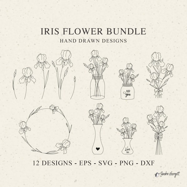 Iris Flower Plotter File SVG DXF PNG February Birth Month Floral Cricut Brother Canvas Silhouette Download Plotting Bundle Botanical Wreath
