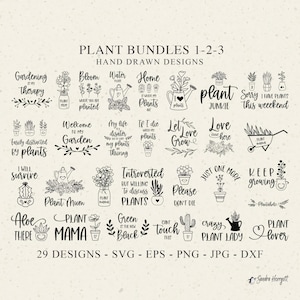 Puede incluir: Un conjunto de 29 diseños de plantas dibujados a mano, con frases como «Plant Mama» y «Crazy Plant Lady». Disponibles en formatos SVG, EPS, PNG, JPG y DXF. La imagen presenta ilustraciones de plantas y citas.