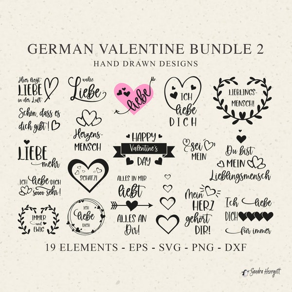 German Valentine SVG Bundle Leaves Wreath Banner Cricut Love Heart Silhouette Download Plotting Bundle Clipart Plotter Files clipart DXF PNG