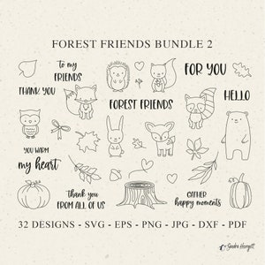 Amis de la forêt traceur fichier Svg Dxf Png Animal des bois écureuil feuille renard lapin ours hibou écureuil cerf citrouille Cricut Silhouette Clipart