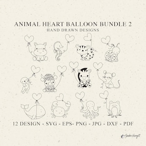 Lindo animal corazón globo trazador archivo Svg Dxf Png Jpg bebé hipopótamo Cricut tigre silueta nutria clipart caracol yak cebra ratón orca cangrejo rana