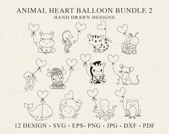 Cute Animal Heart Balloon Plotter File Svg Dxf Png Jpg Baby Hippo Cricut Tiger Silhouette Otter Clipart Snail Yak Zebra Mouse Orca Crab Frog