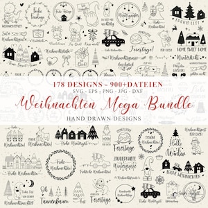 Könnte beinhalten: Ein digitales Design-Bundle in Schwarz und Weiß mit weihnachtlichen Illustrationen. Das Bild enthält Häuser, Bäume, Ornamente und Textelemente wie "Frohe Weihnachten" und "Home Sweet Home".