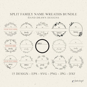 Archivo de trazador de monograma de apellido dividido SVG DXF PNG Casa de campo Boda Botánica Cricut Silueta Clipart Decoración del hogar Corona de laurel