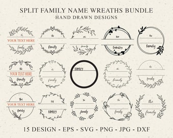 Split Family Name Monogram Plotter File SVG DXF PNG Farm House Wedding Botanical Cricut Silhouette Clipart Home Decoration Laurel Wreath