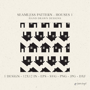 Patrón sin costuras de casa SVG DXF PNG Eps Jpg Inicio Cricut Fondo Plotter Archivo Lindo Edificio Fondo de pantalla Clipart Archivo de corte de vinilo Silueta