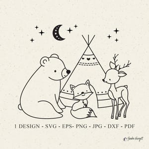 Amico della foresta Tepee Plotter File Svg Dxf Png Jpg Woodland Cricut Celestial Silhouette Cucciolo di animale Clipart Vinile File tagliato al laser Volpe Orso Cervo
