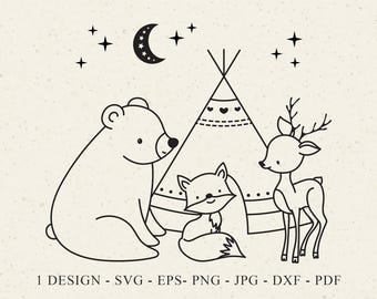 以下が含まれることがあります： 三日月と星を背景に、ティピーの前に立つクマ、キツネ、シカの白黒線画イラスト