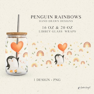 Archivo de corte con diseño de envoltorio para vaso de lata de 16 y 20 oz con forma de pingüino arcoíris LIBBEY GLASS SVG para Cricut Silhouette, diseño con forma de corazón, estrella y hoja