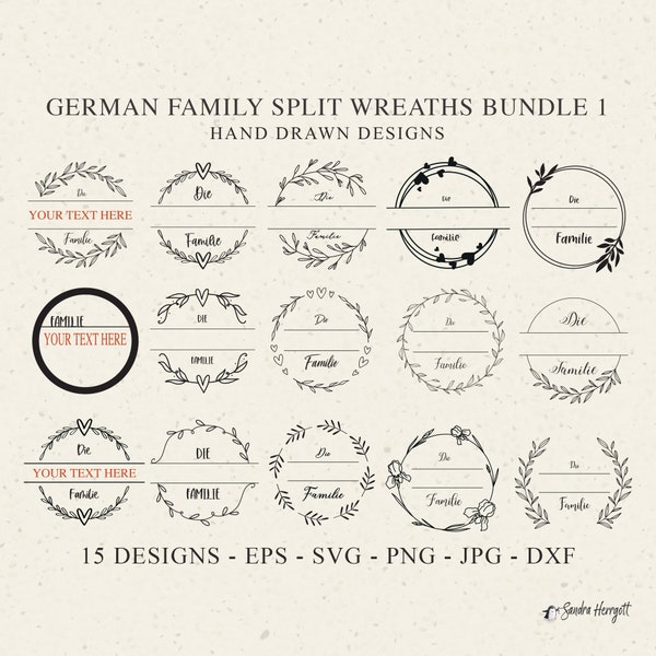 German Family Name Plotter File Svg Dxf Png Split Laurel Wreath Wedding Botanical Cricut Silhouette Vinyl Cut File Decal A4 Pdf Template