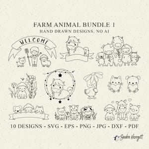 May include: A collection of hand-drawn farm animal designs in black and white. The designs include a variety of animals such as horses, sheep, pigs, cows, and cats. The text "FARM ANIMAL BUNDLE 1" and "WELCOME" are also included.