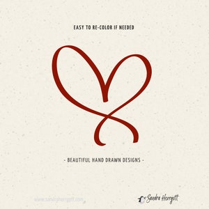 May include: A red hand-drawn heart design on a beige background. The text "EASY TO RE-COLOR IF NEEDED" is at the top of the image. The text "BEAUTIFUL HAND DRAWN DESIGNS -" is at the bottom of the image. The text "www.sandraherrgott.com" is at the bottom left of the image. The text "Sandra Herrgott" is at the bottom right of the image.