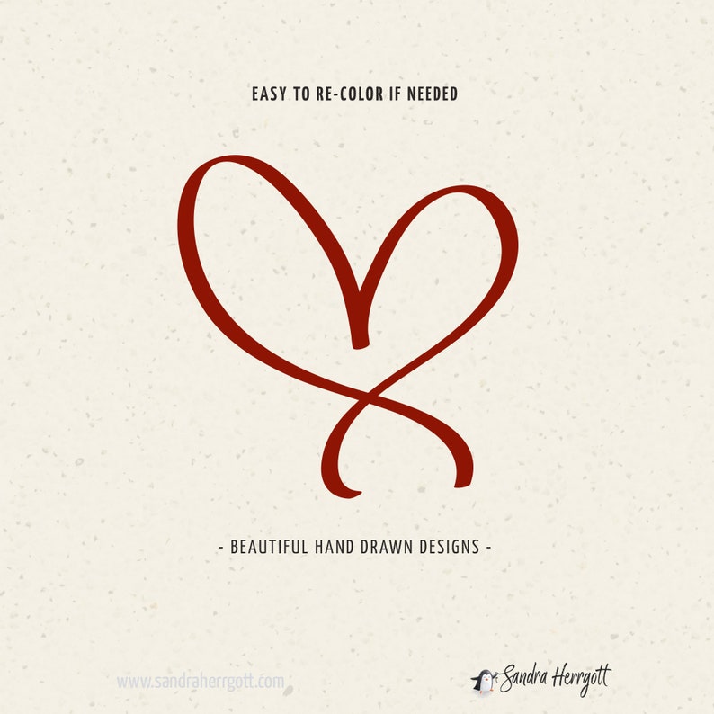 May include: A red hand-drawn heart design on a beige background. The text "EASY TO RE-COLOR IF NEEDED" is at the top of the image. The text "BEAUTIFUL HAND DRAWN DESIGNS -" is at the bottom of the image. The text "www.sandraherrgott.com" is at the bottom left of the image. The text "Sandra Herrgott" is at the bottom right of the image.