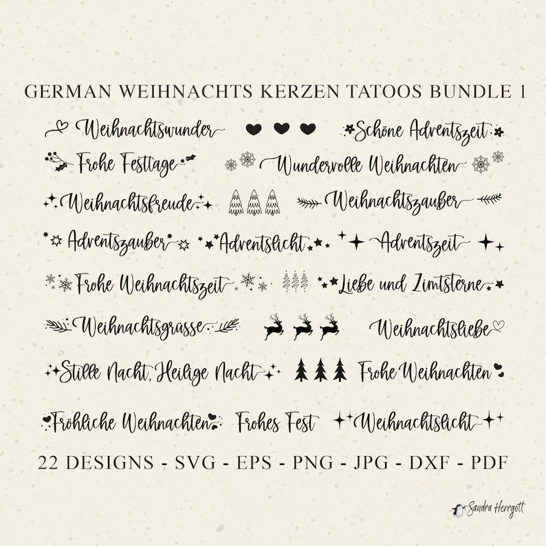 May include: A bundle of 22 Christmas-themed tattoo designs in black ink. The designs feature festive phrases such as "Weihnachtswunder" and "Frohe Festtage", alongside decorative elements like hearts, stars, and reindeer. The image also lists file formats.