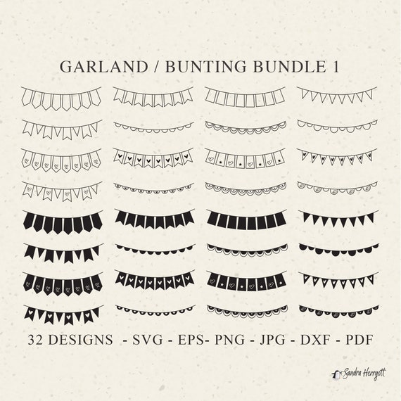 Garland Bunting Plotter File Svg Dxf PNG EPS Pdf Birthday Cricut Banner Silhouette Vinyl Laser Cut File Decor Clipart DIY Stencil Template