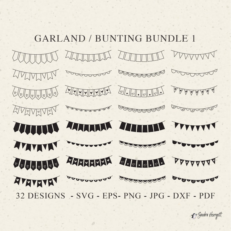 May include: A set of 32 black and white printable bunting or garland designs. The designs include various shapes, such as triangles, squares, circles, and hearts. The text "GARLAND / BUNTING BUNDLE 1" and "32 DESIGNS - SVG - EPS - PNG - JPG - DXF - PDF" is included in the image.