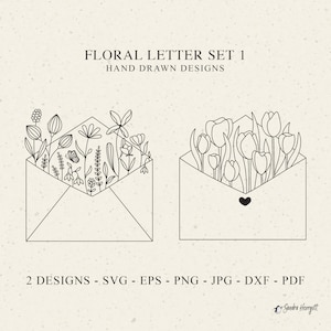 Archivo de trazador de letras florales Svg Dxf Png Jpf Pdf Botánico Cricut Tulipán Flor Clipart Flor silvestre Silueta Vinilo Archivo de corte láser Planta de primavera