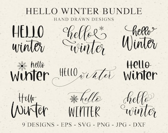 Hello Winter Plotter File Svg Dxf Eps Png Pdf Jpg Lettered Cricut Cute festive Clipart Laser Cut Silhouette Monogram DIY Stencil Template