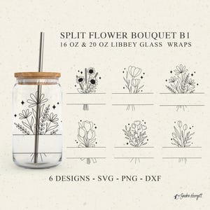 Split Blumenstrauß LIBBEY GLASS SVG Png 16 & 20 oz Botanische Dose Cup Wrap Design Schnittdatei für Cricut Silhouette Floral Wildblumen Hochzeit