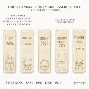 Marque-page animal de la forêt SVG EPS DXF fichier découpé au laser, lapin renard hérisson ours raton laveur, idée cadeau enfant entrée à l'école enfant inscription 2025