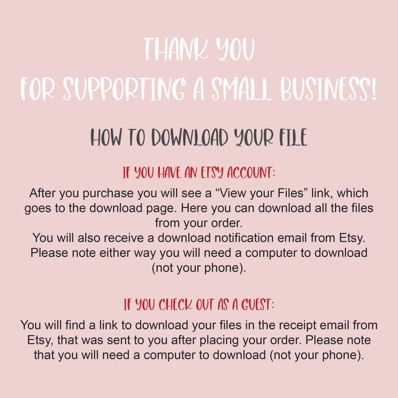 Może przedstawiać: Biała grafika tekstowa na r&oacute;żowym tle z instrukcjami, jak pobrać plik cyfrowy po zakupie na Etsy. Tekst zawiera "Dziękujemy za wsparcie małej firmy!" i "Jak pobrać plik".