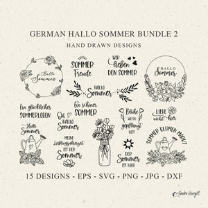 Allemand Hallo Sommer traceur fichier SVG DXF PNG Couronne florale botanique de pivoine Cricut L'amour pousse ici Silhouette Télécharger pot de fleurs Clipart joie
