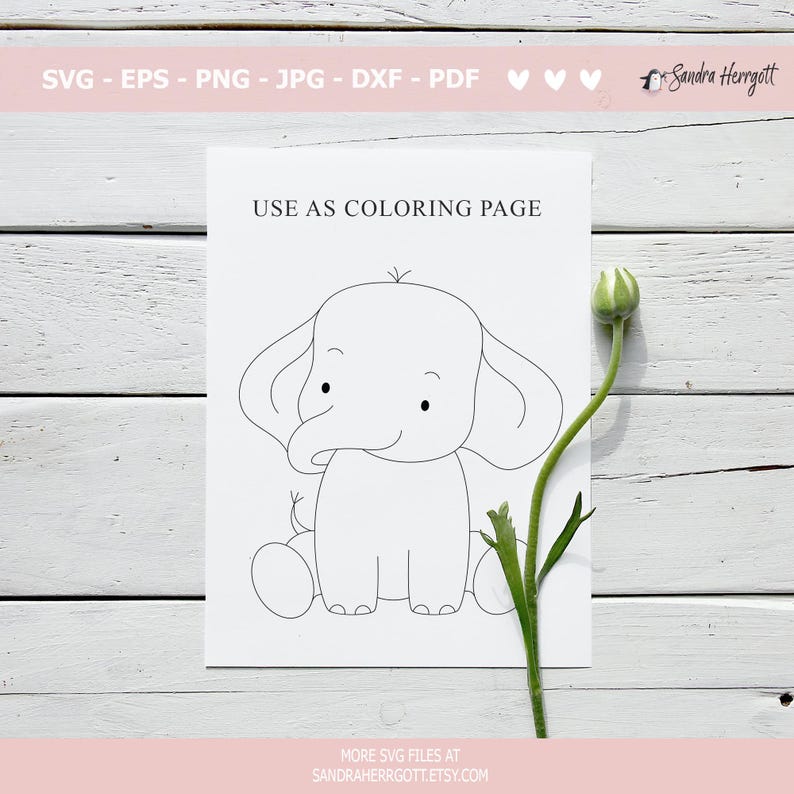 Pu&ograve; includere: Un disegno in bianco e nero di un cucciolo di elefante seduto sul sedere con la proboscide arrotolata. L'elefante &egrave; circondato da tre oggetti rotondi, forse uova o palle. L'immagine &egrave; etichettata "USE AS COLORING PAGE".
