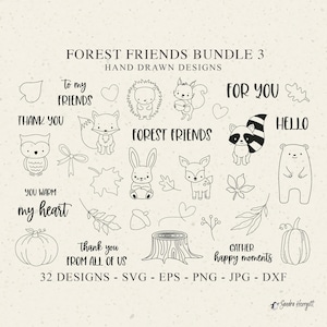 May include: A collection of hand-drawn forest-themed designs, including woodland animals like a fox, owl, and raccoon, along with leaves, hearts, and text elements such as "Thank You" and "Hello". The image also includes the text "Forest Friends Bundle 3".