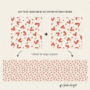 May include: A seamless pattern featuring a repeating design of red hearts and dots on a white background. The pattern is shown in three different sizes, demonstrating how to create a larger pattern by attaching multiple smaller patterns together.